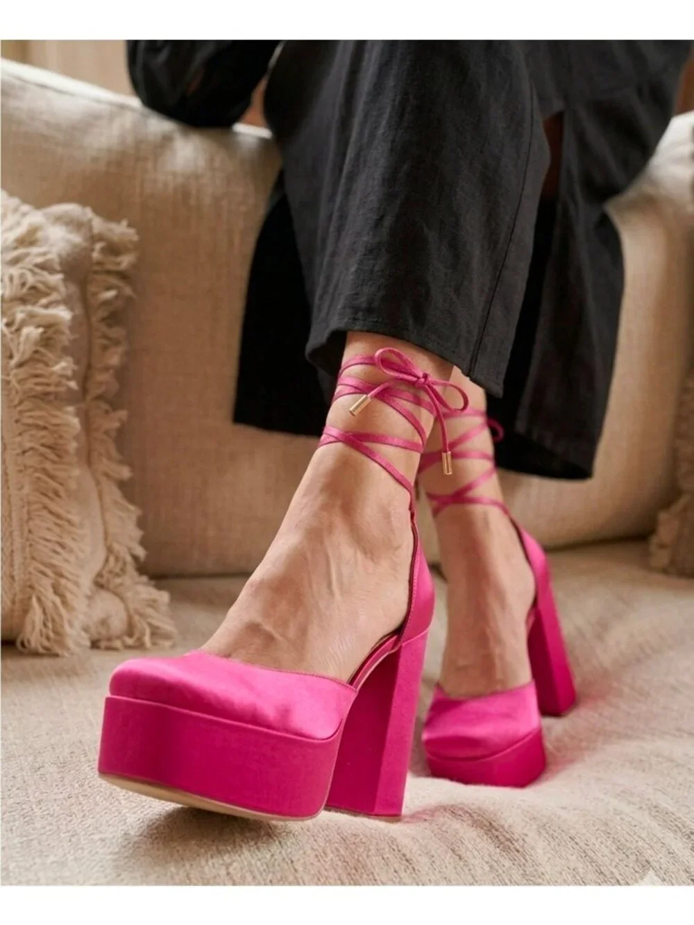 Hot Pink Block Heel Satin Platform Pumps With Ankle Straps - Womens Shoes